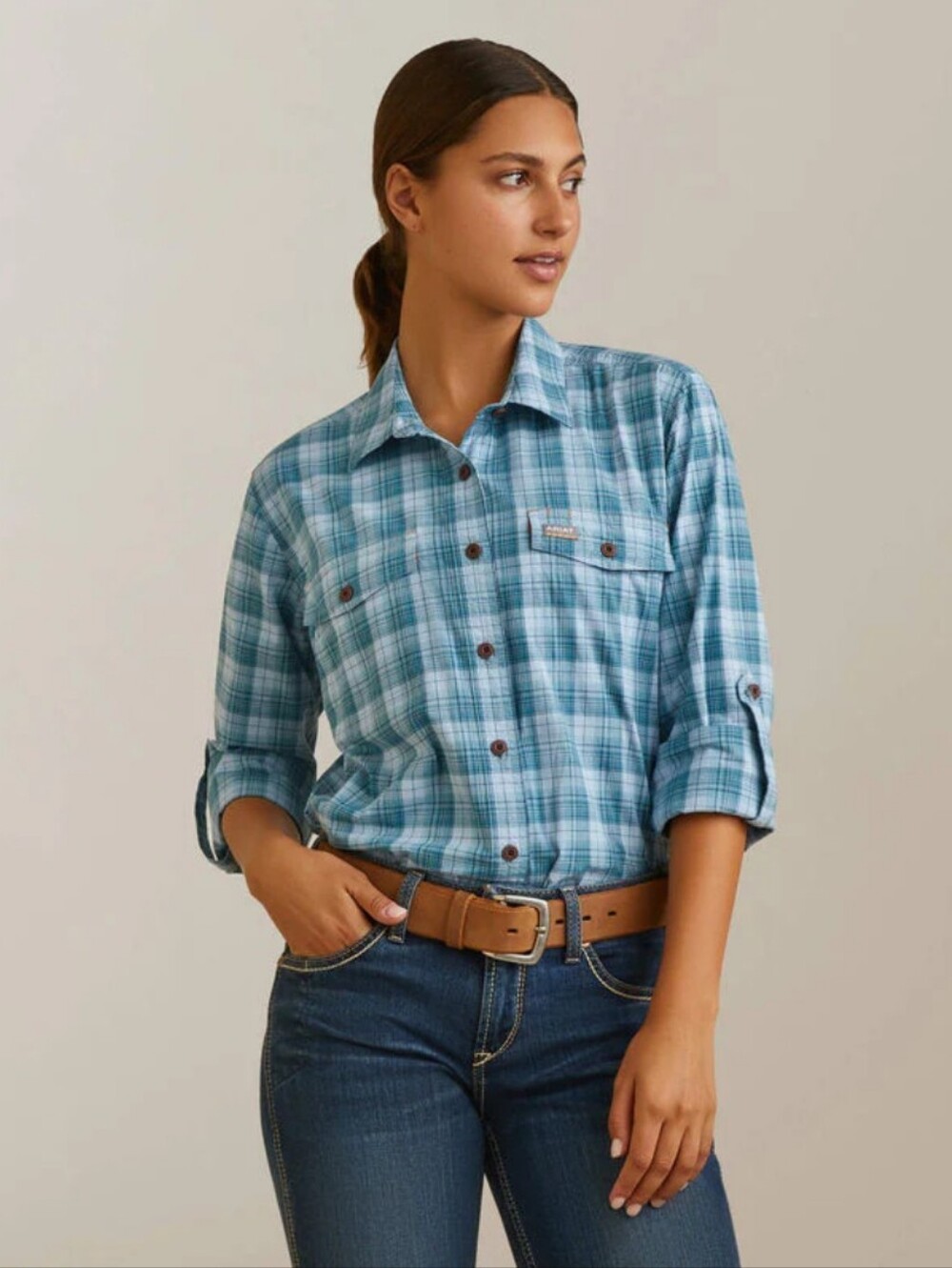 Ariat Women's 100% Cotton Rebar Tough Durastrech Button Up Shirt Sky Blue Size M